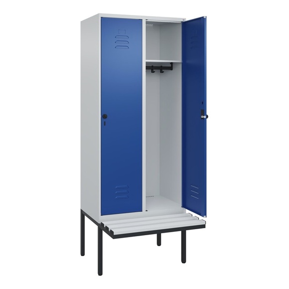 C+P Spind Classic PLUS Sitzbank, 2 Abteile, lichtgrau / enzianblau, B 800 mm, Sicherheits-Drehriegel, auskragend, Kunststoff
