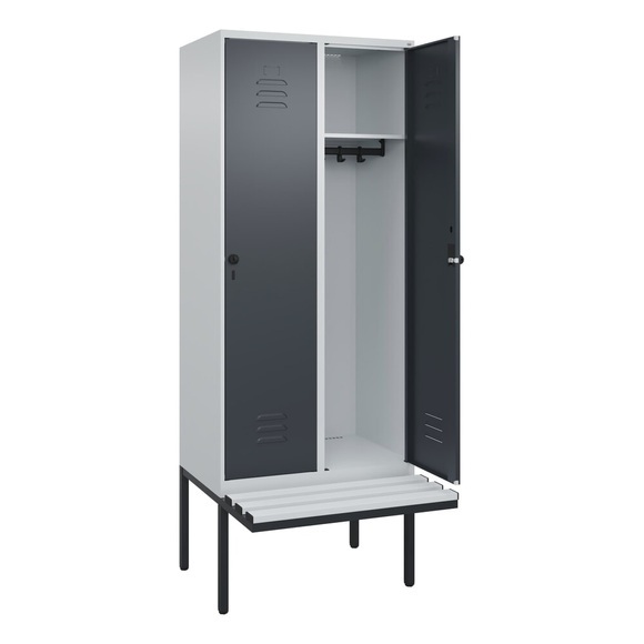 C+P Spind Classic PLUS Sitzbank, 2 Abteile, lichtgrau / grau, B 800 mm, Sicherheits-Drehriegel, auskragend, Kunststoff