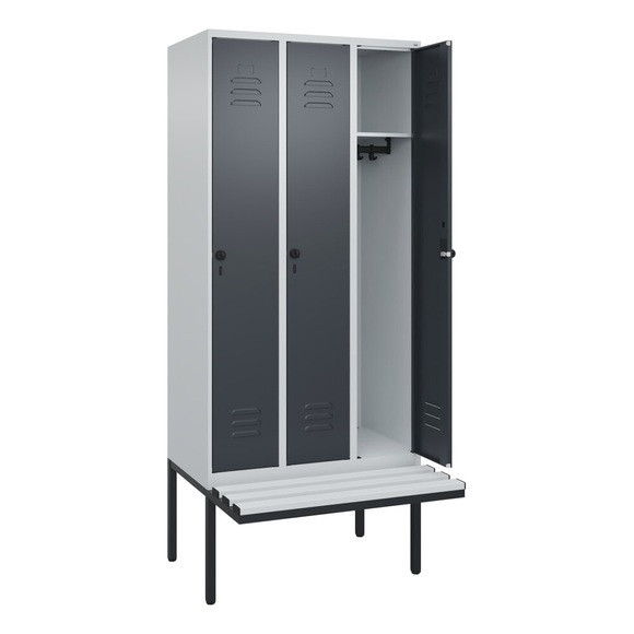 C+P Spind Classic PLUS Sitzbank, 3 Abteile, lichtgrau / grau, B 900 mm, Sicherheits-Drehriegel, auskragend, Kunststoff