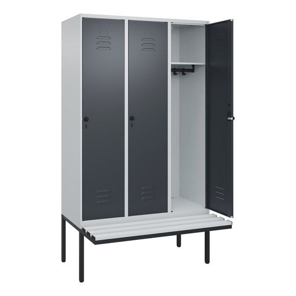 C+P Spind Classic PLUS Sitzbank, 3 Abteile, lichtgrau / grau, B 1200 mm, Sicherheits-Drehriegel, auskragend, Kunststoff