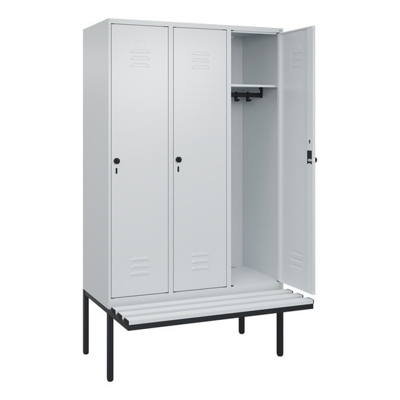 C+P Spind Classic PLUS Sitzbank, 3 Abteile, lichtgrau, B 1200 mm, Sicherheits-Drehriegel, auskragend, Kunststoff