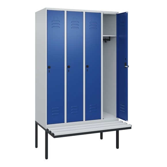 C+P Spind Classic PLUS Sitzbank, 4 Abteile, lichtgrau / enzianblau, B 1200 mm, Sicherheits-Drehriegel, auskragend, Kunststoff