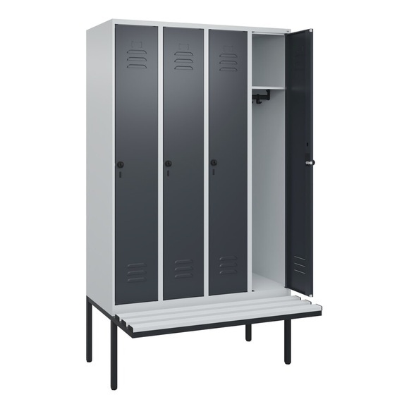 C+P Spind Classic PLUS Sitzbank, 4 Abteile, lichtgrau / grau, B 1200 mm, Sicherheits-Drehriegel, auskragend, Kunststoff