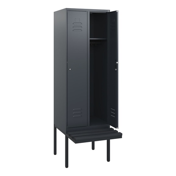 C+P Spind Classic PLUS, 2 Abteile, HxBxT 1.950 x 600 x 815 mm, Zylinderschloss, auskragende Bank aus Kunststoff, anthrazitgrau, anthrazitgrau