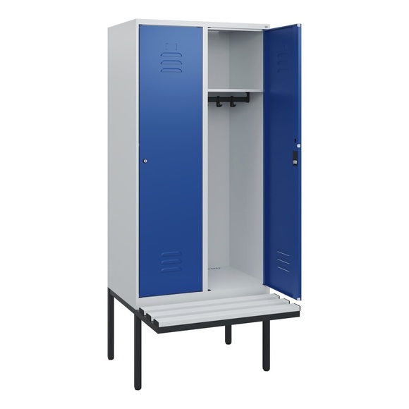 C+P Spind Classic PLUS, 2 Abteile, HxBxT 1.950 x 800 x 815 mm, Zylinderschloss, auskragende Bank aus Kunststoff, lichtgrau, enzianblau