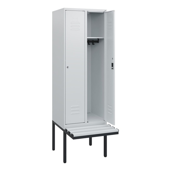 C+P Spind Classic PLUS, 2 Abteile, HxBxT 1.950 x 600 x 815 mm, Zylinderschloss, auskragende Bank aus Kunststoff, lichtgrau, lichtgrau