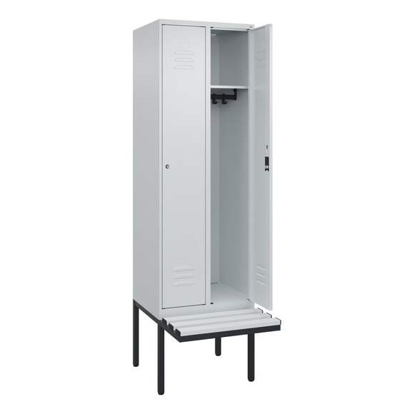 C+P Spind Classic PLUS Sitzbank, 2 Abteile, lichtgrau, B 600 mm, Zylinderschloss, auskragend, Kunststoff