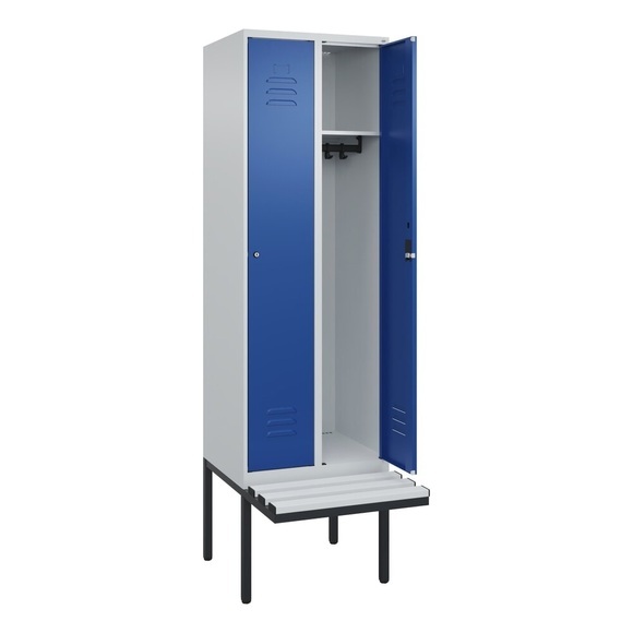 C+P Spind Classic PLUS Sitzbank, 2 Abteile, lichtgrau / enzianblau, B 600 mm, Zylinderschloss, auskragend, Kunststoff
