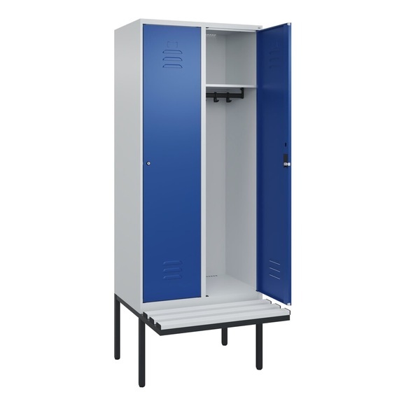 C+P Spind Classic PLUS Sitzbank, 2 Abteile, lichtgrau / enzianblau, B 800 mm, Zylinderschloss, auskragend, Kunststoff