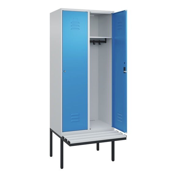 C+P Spind Classic PLUS Sitzbank, 2 Abteile, lichtgrau / lichtblau, B 800 mm, Zylinderschloss, auskragend, Kunststoff