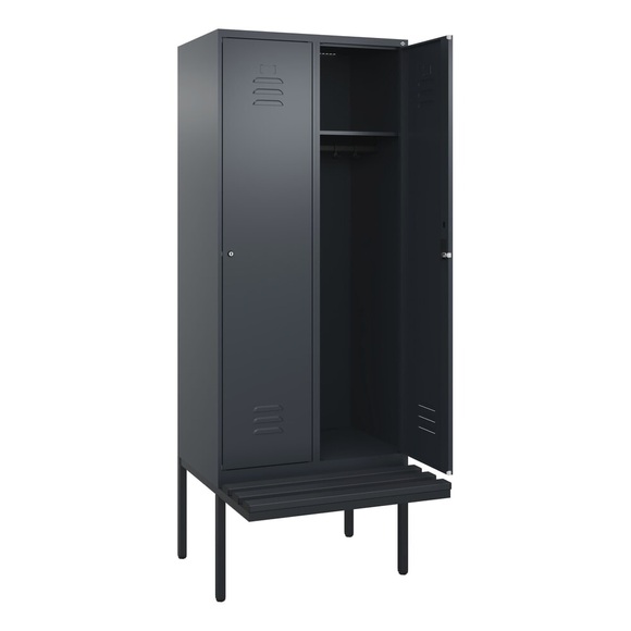 C+P Spind Classic PLUS Sitzbank, 2 Abteile, grau, B 800 mm, Zylinderschloss, auskragend, Kunststoff
