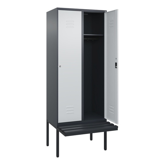 C+P Spind Classic PLUS, 2 Abteile, HxBxT 2.120 x 800 x 815 mm, Zylinderschloss, auskragende Bank aus Kunststoff, anthrazitgrau, lichtgrau