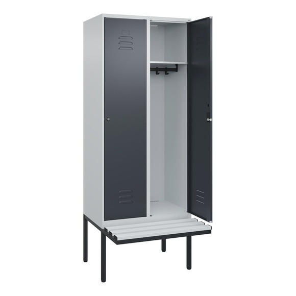C+P Spind Classic PLUS Sitzbank, 2 Abteile, lichtgrau / grau, B 800 mm, Zylinderschloss, auskragend, Kunststoff