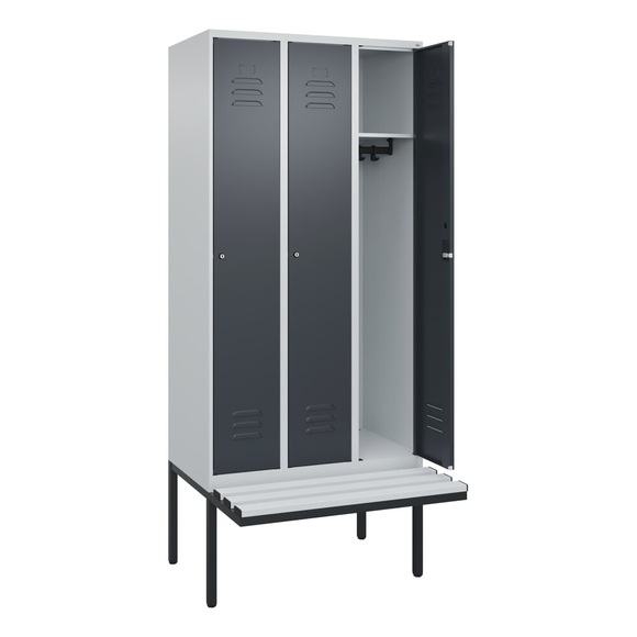 C+P Spind Classic PLUS Sitzbank, 3 Abteile, lichtgrau / grau, B 900 mm, Zylinderschloss, auskragend, Kunststoff