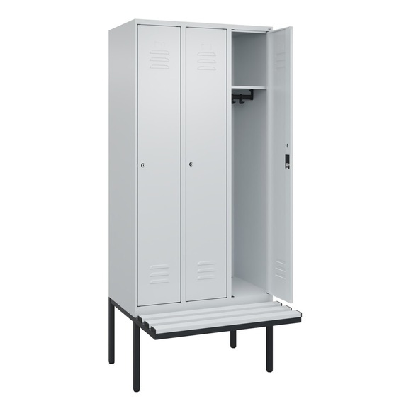 C+P Spind Classic PLUS Sitzbank, 3 Abteile, lichtgrau, B 900 mm, Zylinderschloss, auskragend, Kunststoff