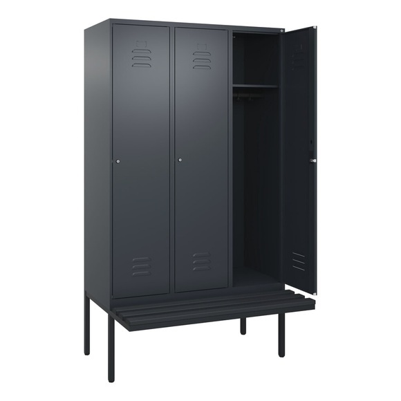 C+P Spind Classic PLUS Sitzbank, 3 Abteile, grau, B 1200 mm, Zylinderschloss, auskragend, Kunststoff