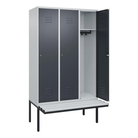C+P Spind Classic PLUS Sitzbank, 3 Abteile, lichtgrau / grau, B 1200 mm, Zylinderschloss, auskragend, Kunststoff