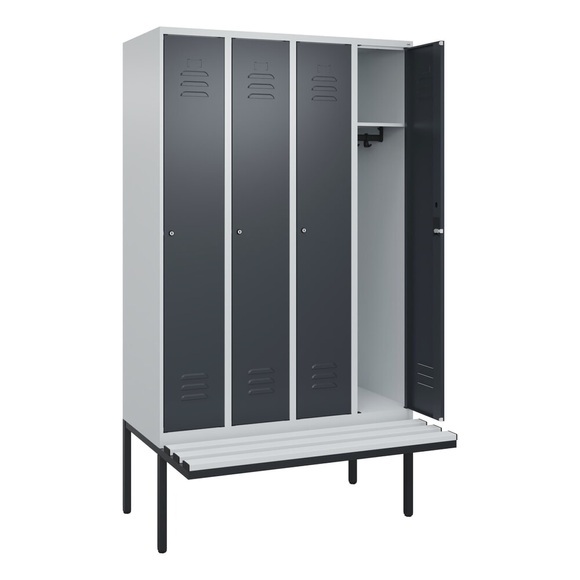 C+P Spind Classic PLUS Sitzbank, 4 Abteile, lichtgrau / grau, B 1200 mm, Zylinderschloss, auskragend, Kunststoff