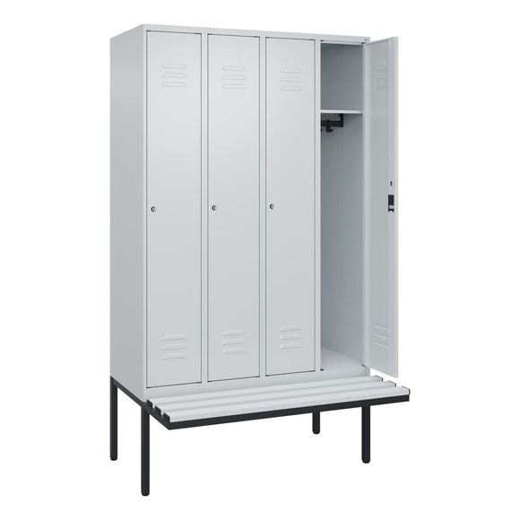 C+P Spind Classic PLUS Sitzbank, 4 Abteile, lichtgrau, B 1200 mm, Zylinderschloss, auskragend, Kunststoff