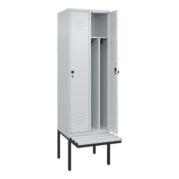 C+P Spind Classic PLUS Sitzbank, 2 Abteile, mittig, lichtgrau, B 600 mm, Sicherheits-Drehriegel, auskragend, Kunststoff