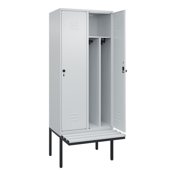 C+P Spind Classic PLUS Sitzbank, 2 Abteile, mittig, lichtgrau, B 800 mm, Sicherheits-Drehriegel, auskragend, Kunststoff