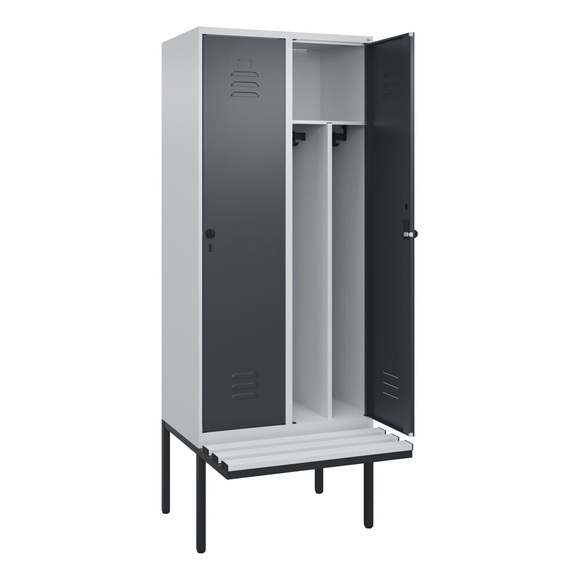 C+P Spind Classic PLUS Sitzbank, 2 Abteile, mittig, lichtgrau / grau, B 800 mm, Sicherheits-Drehriegel, auskragend, Kunststoff