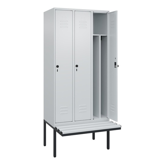 C+P Spind Classic PLUS Sitzbank, 3 Abteile, mittig, lichtgrau, B 900 mm, Sicherheits-Drehriegel, auskragend, Kunststoff