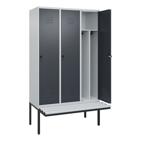 C+P Spind Classic PLUS Sitzbank, 3 Abteile, mittig, lichtgrau / grau, B 1200 mm, Sicherheits-Drehriegel, auskragend, Kunststoff