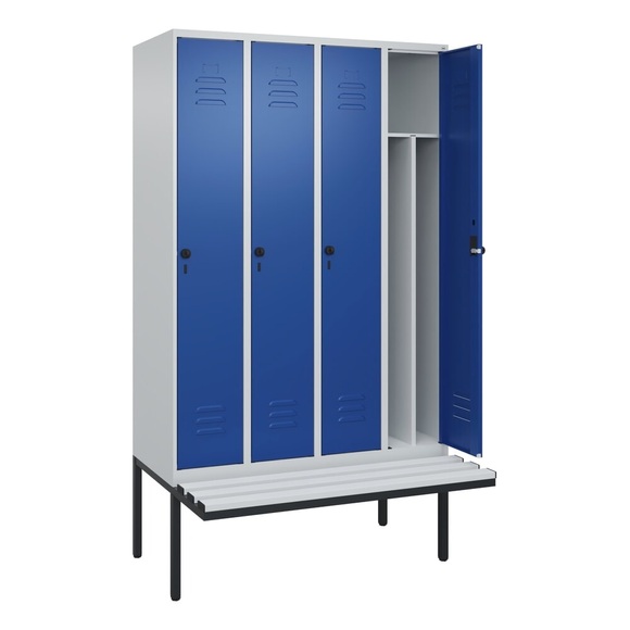 C+P Spind Classic PLUS Sitzbank, 4 Abteile, mittig, lichtgrau / enzianblau, B 1200 mm, Sicherheits-Drehriegel, auskragend, Kunststoff