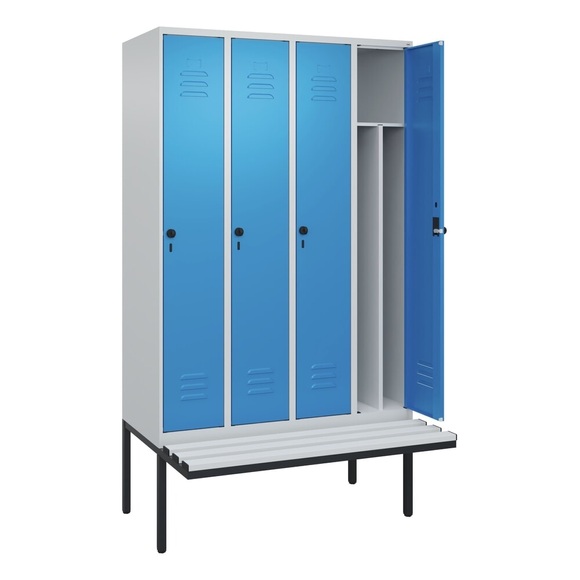 C+P Spind Classic PLUS Sitzbank, 4 Abteile, mittig, lichtgrau / lichtblau, B 1200 mm, Sicherheits-Drehriegel, auskragend, Kunststoff