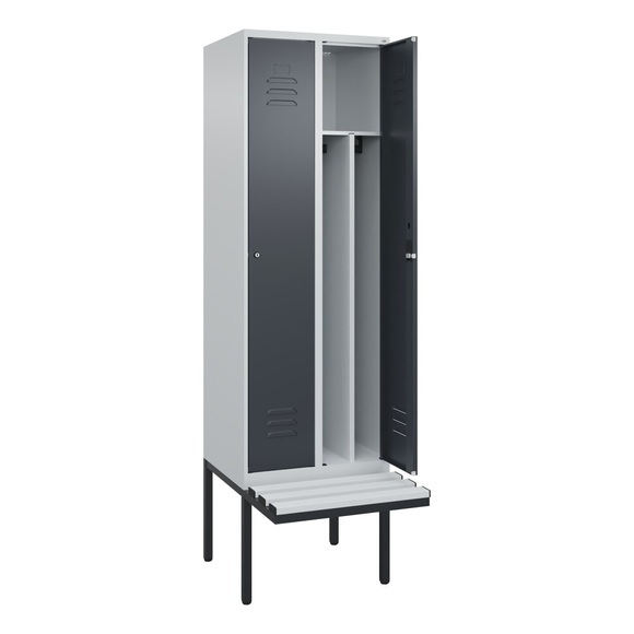 C+P Spind Classic PLUS Sitzbank, 2 Abteile, mittig, lichtgrau / grau, B 600 mm, Zylinderschloss, auskragend, Kunststoff