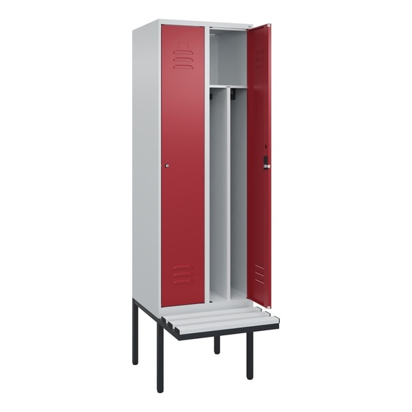 C+P Spind Classic PLUS, 2 Abteile, Trennwand, HxBxT 2.120 x 600 x 815 mm, Zylinderschloss, auskragende Bank aus Kunststoff, lichtgrau, rubinrot