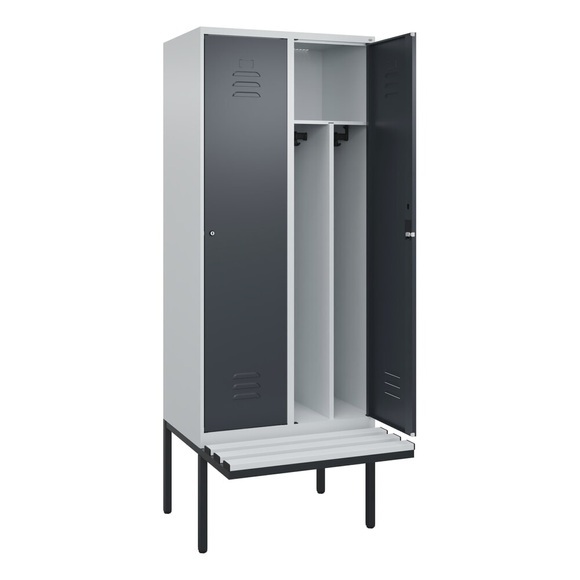 C+P Spind Classic PLUS Sitzbank, 2 Abteile, mittig, lichtgrau / grau, B 800 mm, Zylinderschloss, auskragend, Kunststoff