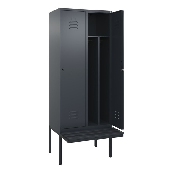 C+P Spind Classic PLUS Sitzbank, 2 Abteile, mittig, grau, B 800 mm, Zylinderschloss, auskragend, Kunststoff