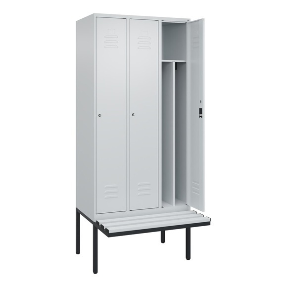C+P Spind Classic PLUS Sitzbank, 3 Abteile, mittig, lichtgrau, B 900 mm, Zylinderschloss, auskragend, Kunststoff
