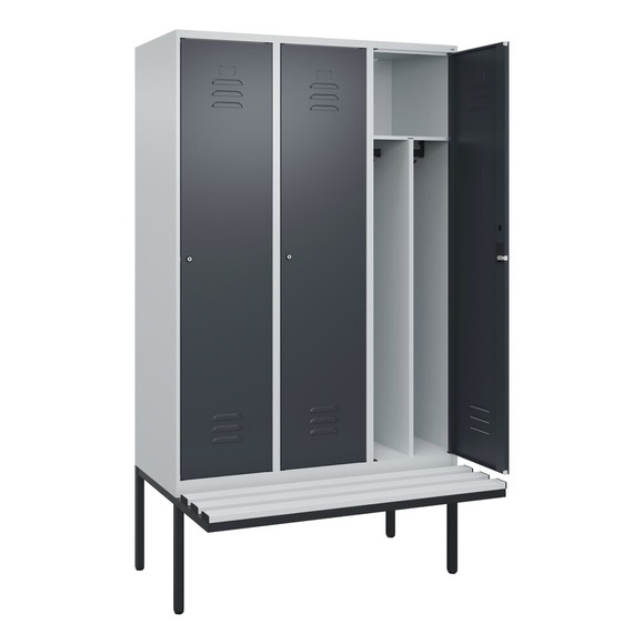 C+P Spind Classic PLUS Sitzbank, 3 Abteile, mittig, lichtgrau / grau, B 1200 mm, Zylinderschloss, auskragend, Kunststoff