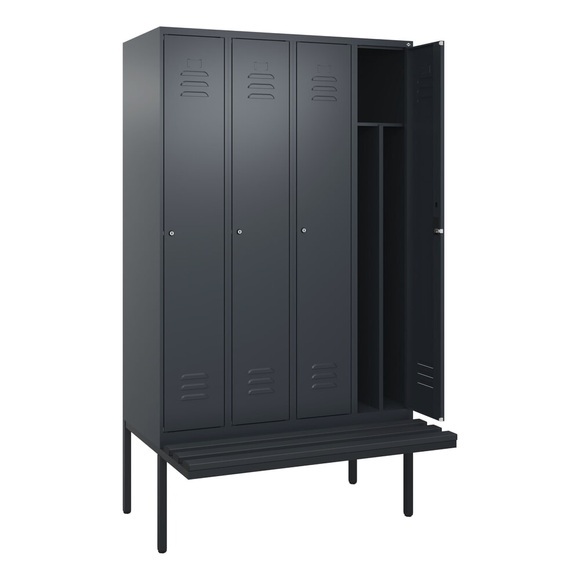 C+P Spind Classic PLUS Sitzbank, 4 Abteile, mittig, grau, B 1200 mm, Zylinderschloss, auskragend, Kunststoff