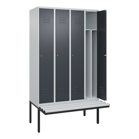 C+P Spind Classic PLUS Sitzbank, 4 Abteile, mittig, lichtgrau / grau, B 1200 mm, Zylinderschloss, auskragend, Kunststoff