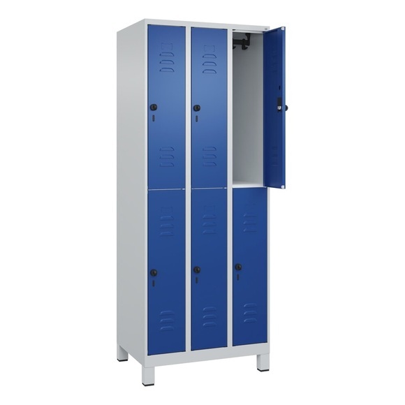 C+P Doppelstock-Spind Classic PLUS, Füsse, 3 Abteile, HxBxT 1.950 x 750 x 500 mm, lichtgrau, enzianblau, 6 Fächer, für Vorhängeschloss