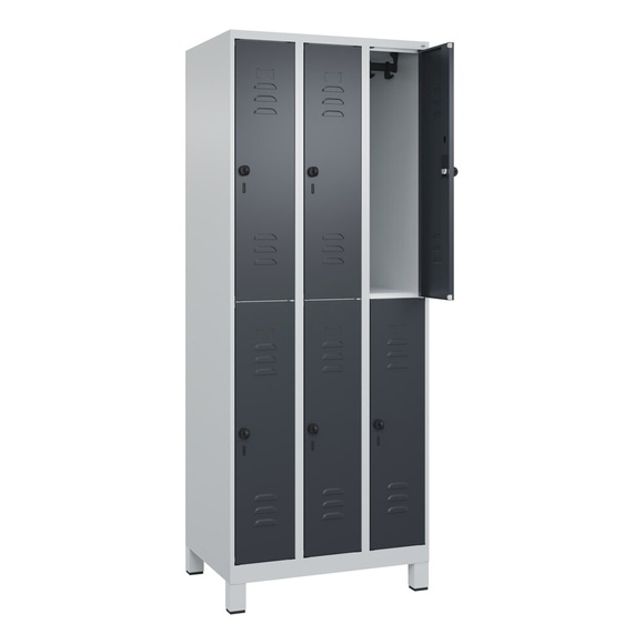 C+P Doppelstock-Spind Classic PLUS, Füsse, 3 Abteile, HxBxT 1.950 x 750 x 500 mm, lichtgrau, anthrazitgrau, 6 Fächer, für Vorhängeschloss