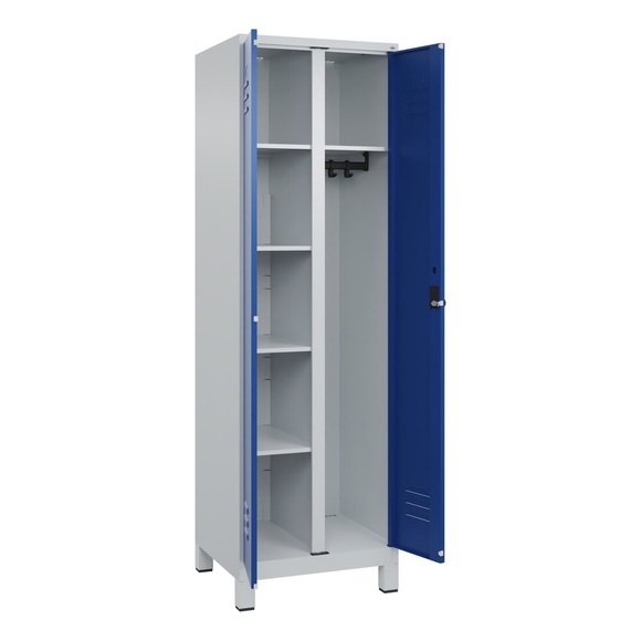 C+P Putzmittelspind Classic PLUS, 1 Abteil, Trennwand mittig, lichtgrau / enzianblau, B 600 mm, mit Füßen, Drehriegel