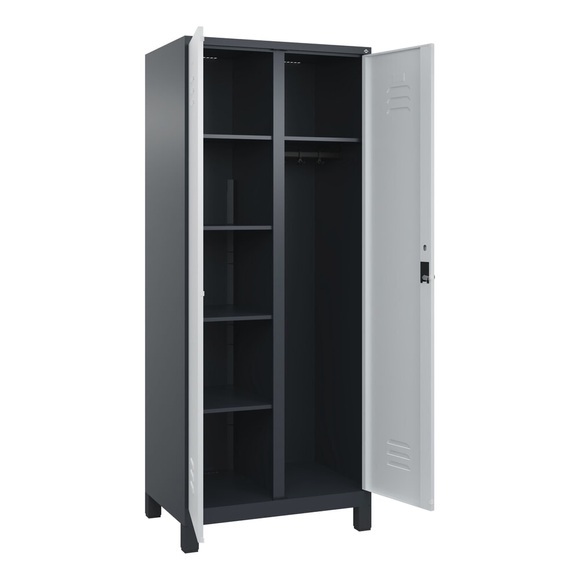 C+P Mehrzweck-Putzmittelschrank Classic PLUS, Füsse, 2 Abteile, HxBxT 1.950 x 800 x 500 mm, anthrazitgrau, lichtgrau, für Vorhängeschloss
