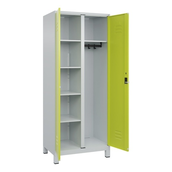 C+P Mehrzweck-Putzmittelschrank Classic PLUS, Füsse, 2 Abteile, HxBxT 1.950 x 800 x 500 mm, lichtgrau, clowngrün, für Vorhängeschloss