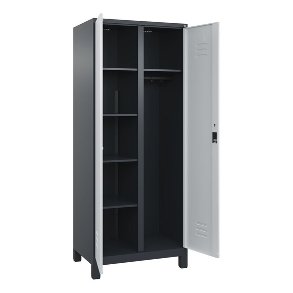 C+P Mehrzweck-Putzmittelschrank Classic PLUS, Füsse, 2 Abteile, HxBxT 1.950 x 800 x 500 mm, anthrazitgrau, lichtgrau, Zylinderschloss