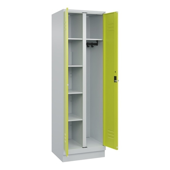 C+P Mehrzweck-Putzmittelschrank Classic PLUS, Sockel, 2 Abteile, HxBxT 1.950 x 600 x 500 mm, lichtgrau, clowngrün, für Vorhängeschloss