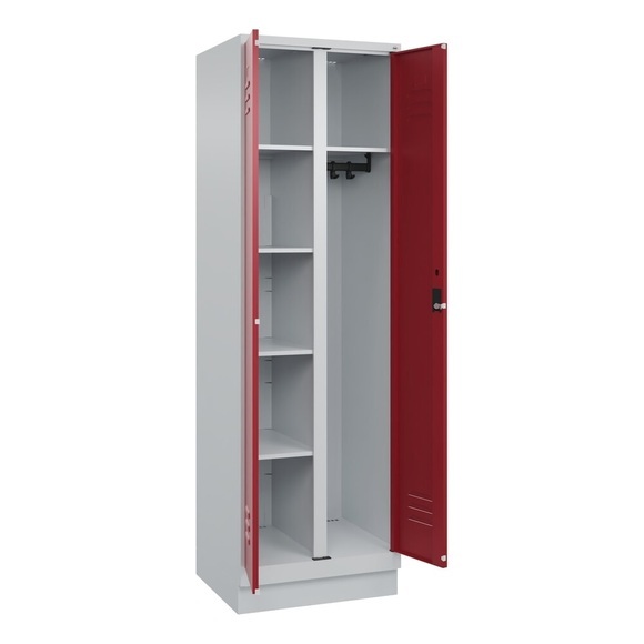 C+P Mehrzweck-Putzmittelschrank Classic PLUS, Sockel, 2 Abteile, HxBxT 1.950 x 600 x 500 mm, lichtgrau, rubinrot, Zylinderschloss