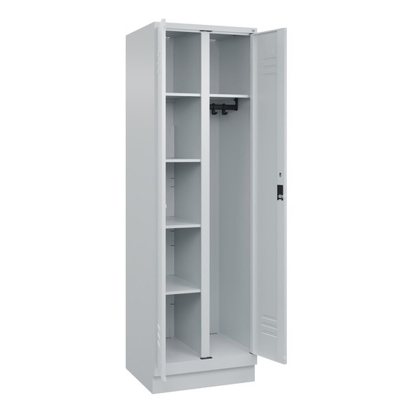C+P Putzmittelspind Classic PLUS, 1 Abteil, Trennwand mittig, lichtgrau, B 600 mm, mit Bodensockel, Zylinderschloss