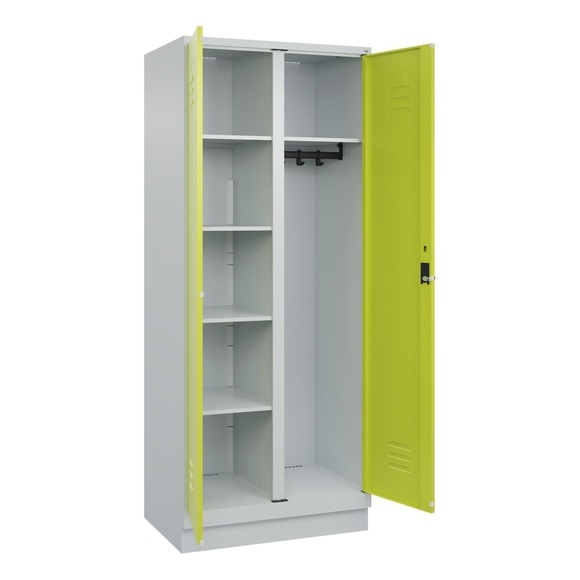 C+P Mehrzweck-Putzmittelschrank Classic PLUS, Sockel, 2 Abteile, HxBxT 1.950 x 800 x 500 mm, lichtgrau, clowngrün, für Vorhängeschloss