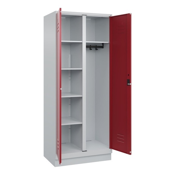 C+P Mehrzweck-Putzmittelschrank Classic PLUS, Sockel, 2 Abteile, HxBxT 1.950 x 800 x 500 mm, lichtgrau, rubinrot, Zylinderschloss