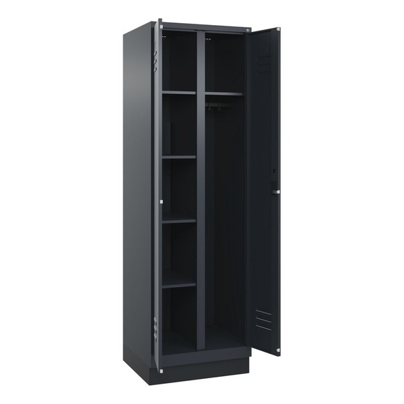 C+P Putzmittelspind Classic PLUS, 1 Abteil, Trennwand mittig, grau, B 600 mm, mit Bodensockel, Zylinderschloss